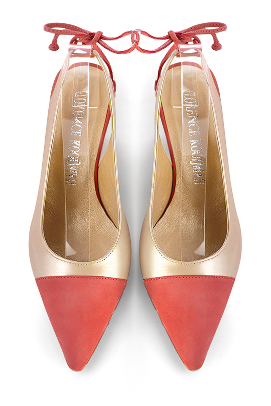 Coral orange and gold women's slingback shoes. Pointed toe. Medium slim heel. Top view - Florence KOOIJMAN